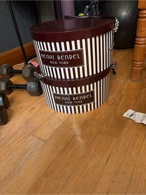 Henri  Bendel brown & Ivory Striped Hat Box pair with Bendel tissue paper